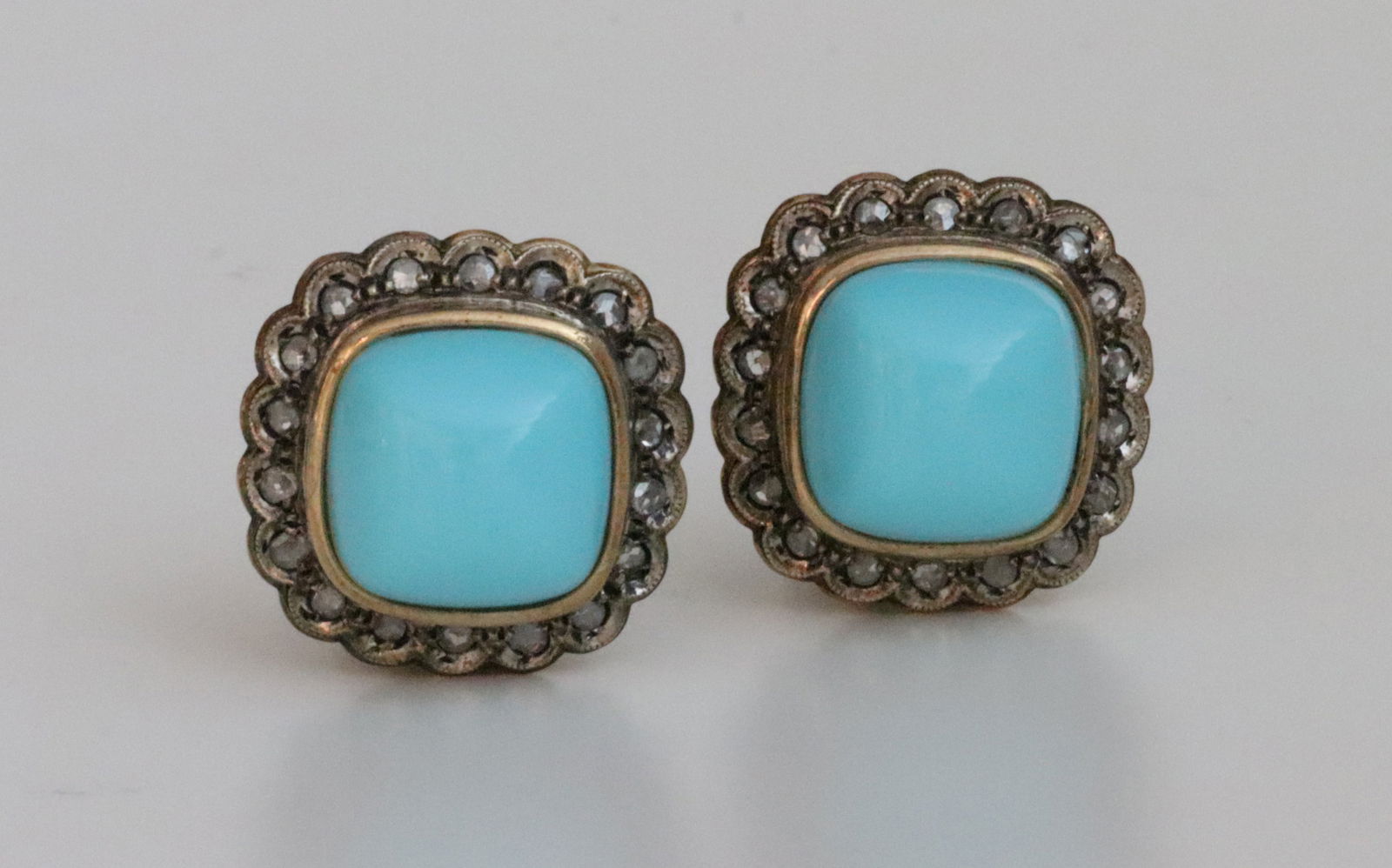 PAIR ITALIAN TURQUOISE & ROSE CUT DIAMOND EARRINGS (1 of 5)