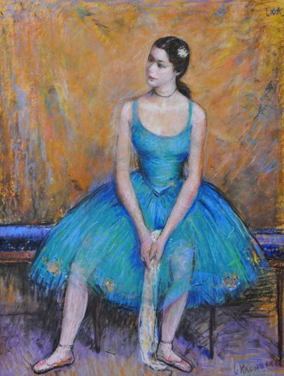 LOUIS KRONBERG (New York / France, 1872-1965): Dancer in Blue, pastel on paperboard, signed lower right, initialed upper right, verso inscribed "Pour Salon Nathioniele 1955 Dancer in Green / no. 536 Louis Kronberg / Pastel Danseuse in Blue Green /