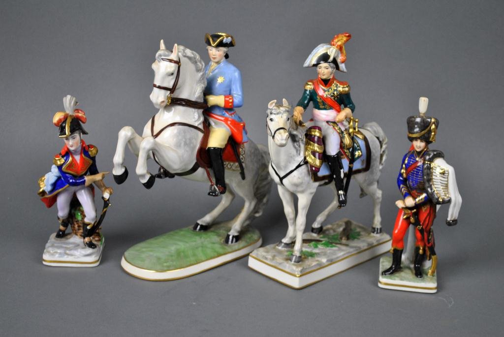 FOUR FRANKENTHAL MILITARY FIGURES: including Preuss. Dragoner Offz. 1745, Lafayette (minor chip to edge of sash), Franz Husaren Offz. 1790, and Napoleon, some areas of worn paint, tallest 11in.