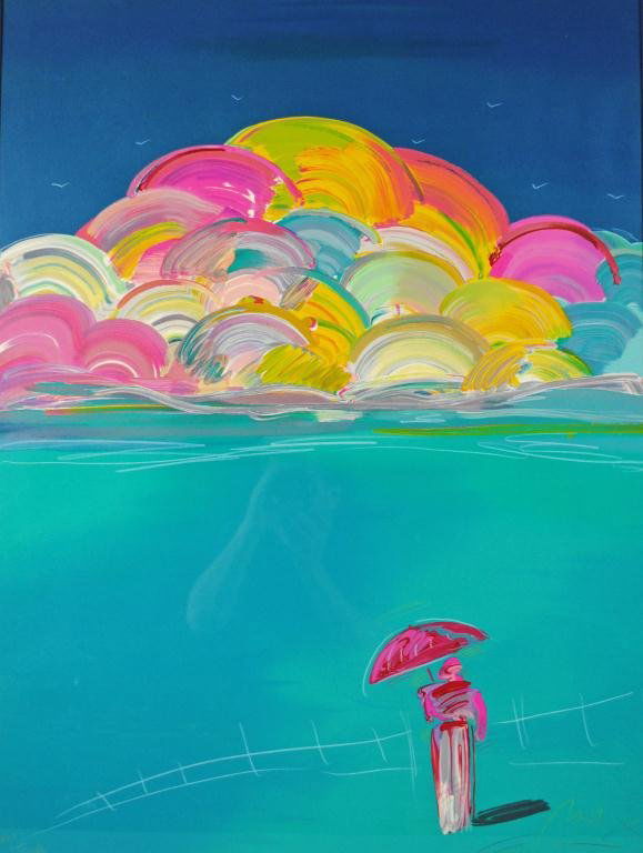 PETER MAX (American, 1937-): Umbrella Man with Rainbow Sky, serigraph with over paint, over painted items include fence, birds, etc., HC and Study painted on lower left with blindstamp of the publisher, Arabesque Studio Ltd., Bos