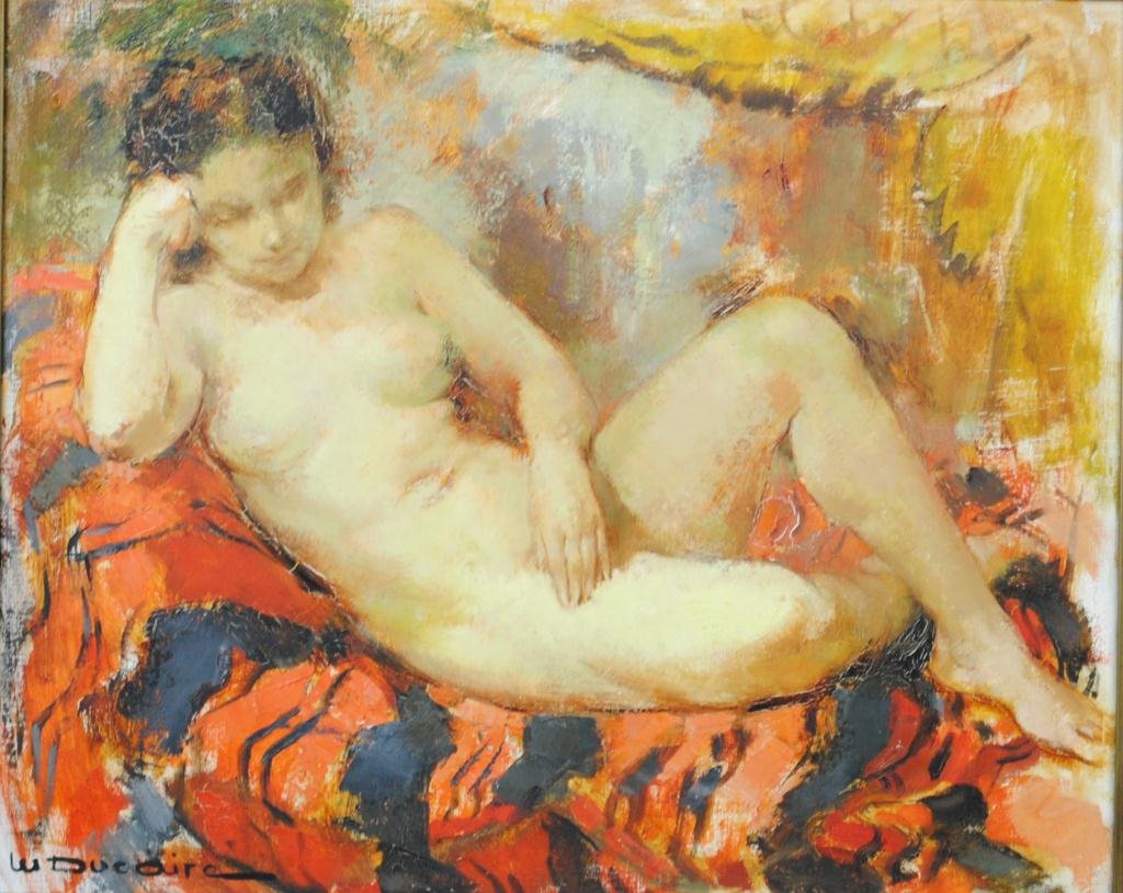 MARYSE DUCAIRE-ROQUE (French, 1911-1992): Resting Nude, oil on canvas, signed M. Ducaire at lower left, verso canvas inscribed "Medaille Ducaire", stretcher inscribed "Maryse Ducaire, 56 Rue N.D. de Champs Paris 6", 20x24in.