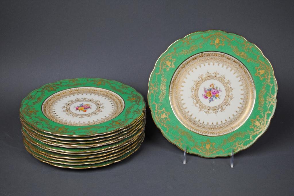 SET OF 12 GEORGE JONES & SONS CABINET PLATES: with floral center, green banded border and allover gilt decoration, 10in.