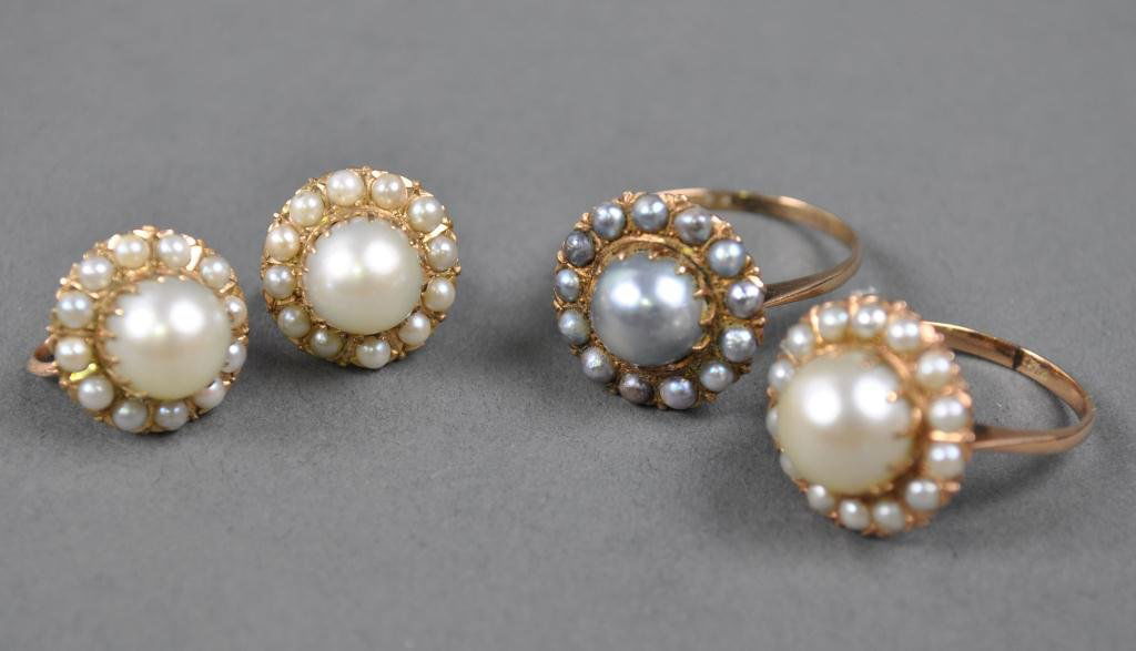 PEARL JEWELRY SET - 2 RINGS AND A PAIR OF EARRINGS: each ring set with a 9-10mm pearl center with seed pearl surround, one ring in white, the other in gray, each marked 14K, 9.1gms., the matching screwback earrings in white, marked 10K