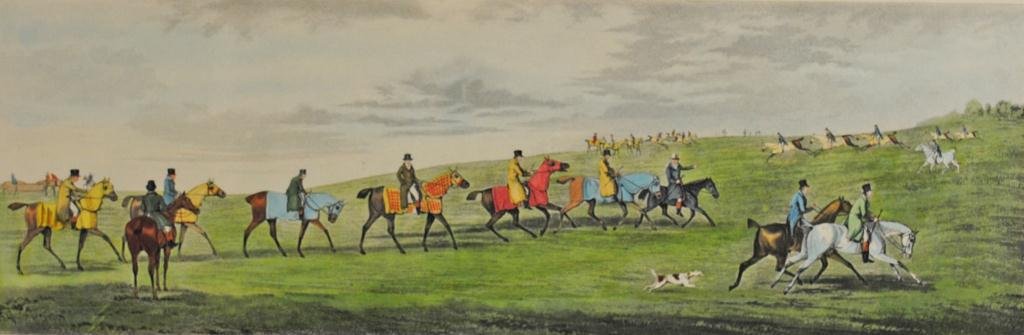 SET OF THREE SUTHERLAND ENGRAVINGS - HORSE RACING: Thomas Sutherland (British, b.1785), three hand-colored engravings after Henry Alken, including "Newmarket - Training", "Ipswich - Weighing", and "Epsom - Running", published R. Ackermann, London, eac