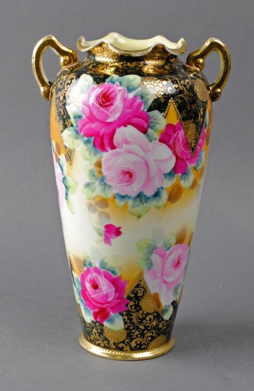 NIPPON PAINTED AND GILDED ROSE-DECORATED VASE: signed, 11in.