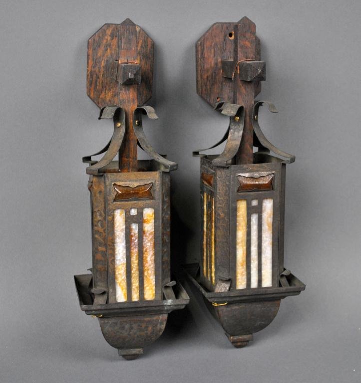 PAIR OF ARTS & CRAFTS SLAG GLASS WALL SCONCES: metalware with wood mounts, some hardware loss and reinforcements, decorative only, not for illumination, 15in.