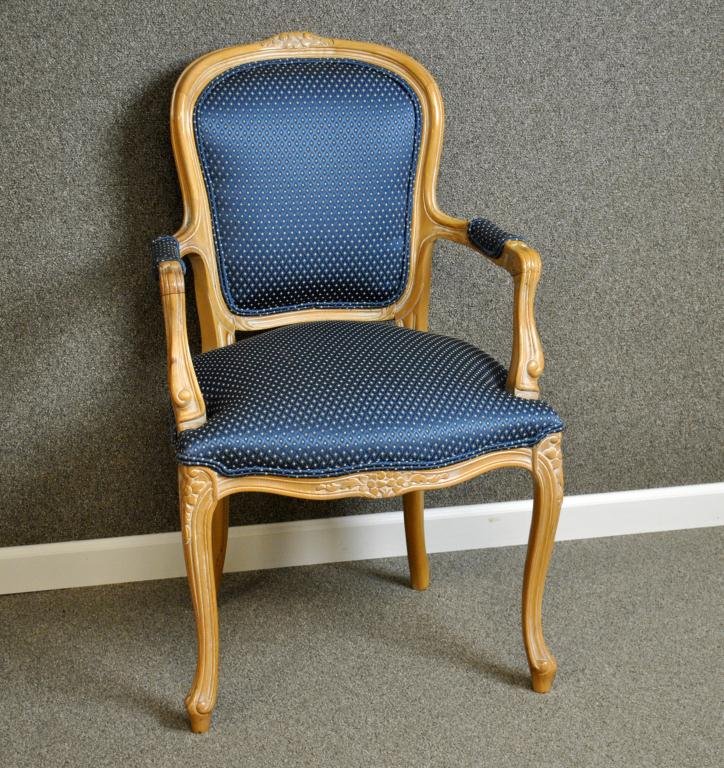 LOUIS XV-STYLE PICKLED-WOOD FAUTEUIL: with damask upholstered back and seat, carved floral crest, knees and seat rail, 37in.