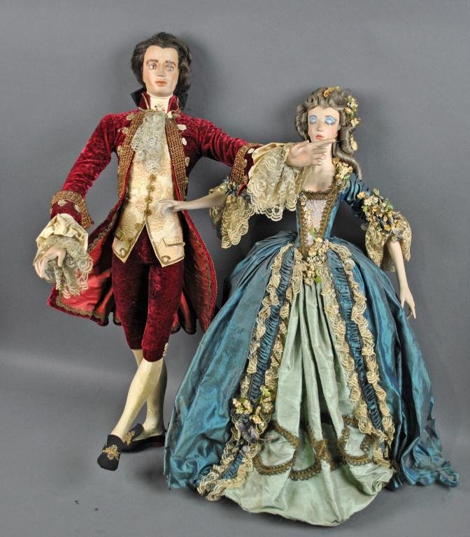 LORD & TAYLOR NEW YORK WINDOW DISPLAY DOLLS: pair of large size courting couple dolls, c.1960's, from the Novellino estate in Glen Rock, NJ, some cracks, losses and tattered fabric, tallest 36in.