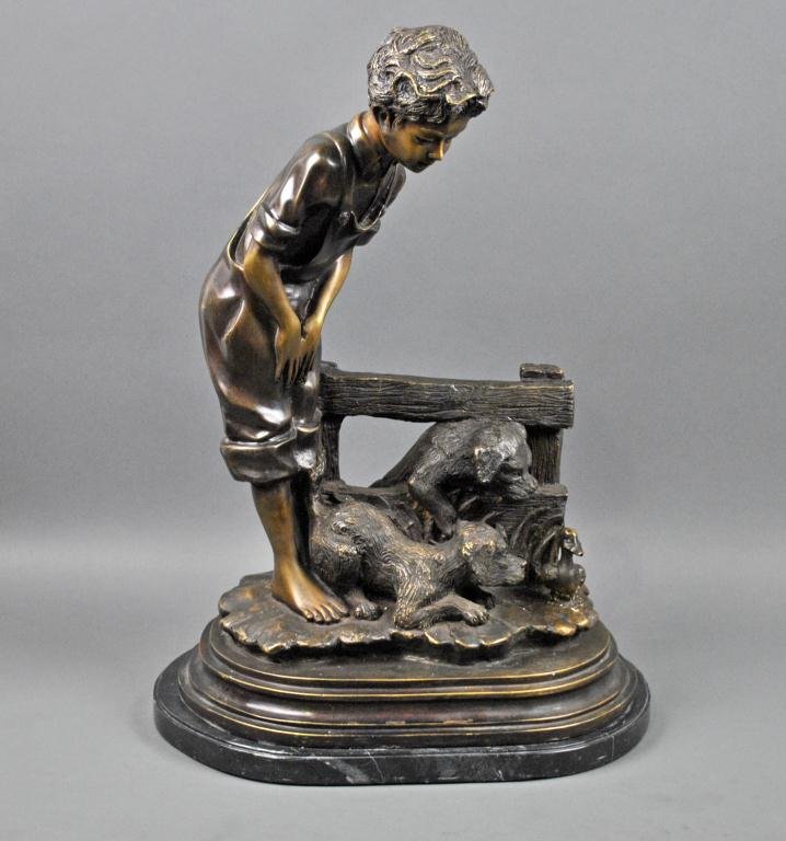 CONTEMPORARY BRONZE GROUP OF LARGE SIZE: depicting a boy with puppies and a duck, signed R. Pealle, and with 'Raphael Pealle Limited Edition' foundry mark, 28x20in.