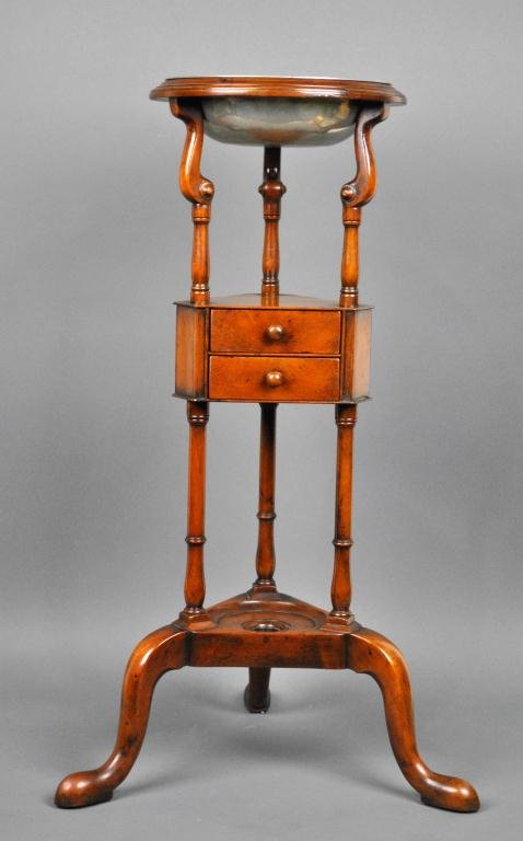 KITTINGER MAHOGANY BASIN STAND CW-5: two-drawer, on cabriole legs, c.1960, branded mark of Kittinger Colonial Williamsburg to underside, Pattern No.CW5, 32in. (minor dings and scratches, rim repair)