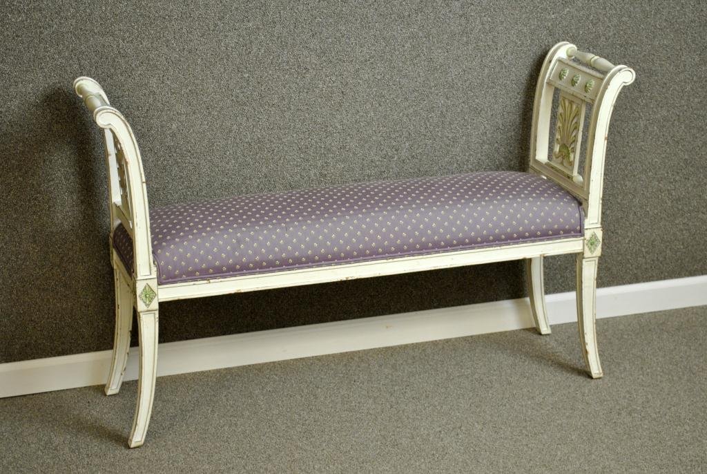 CONTEMPORARY WHITE-PAINTED WINDOW BENCH: with green-painted trim, upholstered in lilac and dainty floral damask, pierced palmette sides, 30x49x13in.