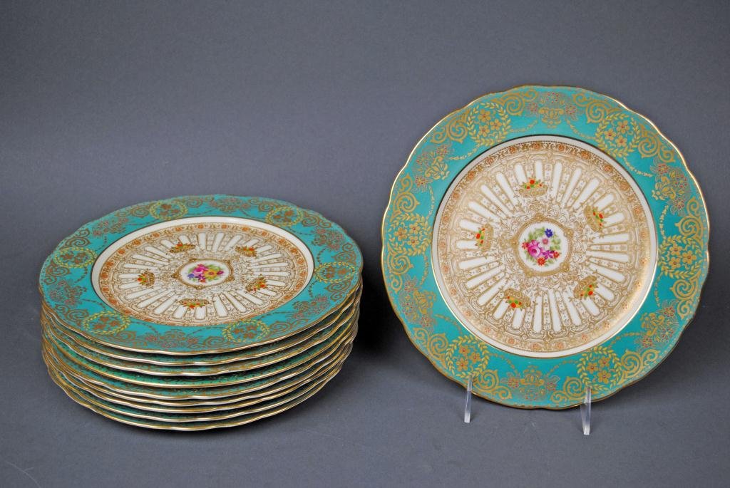 SET OF 10 GEORGE JONES & SONS CABINET PLATES: with floral center surrounded by fruit centerpieces, green/blue banded border and allover gilt decoration, enameled details, 10in.