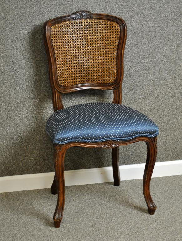 LOUIS XV-STYLE WALNUT SIDE CHAIR: with damask upholstered seat, caned back, carved floral crest, knees and seat rail, 36in.