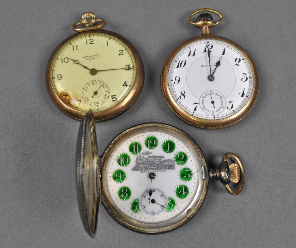 GROUP OF THREE POCKET WATCHES: including a sterling hunter case example with green enameled numerals and engraved locomotive on face, marked 'Senate Express' on both face and works (missing large hand and crystal), and two open fac