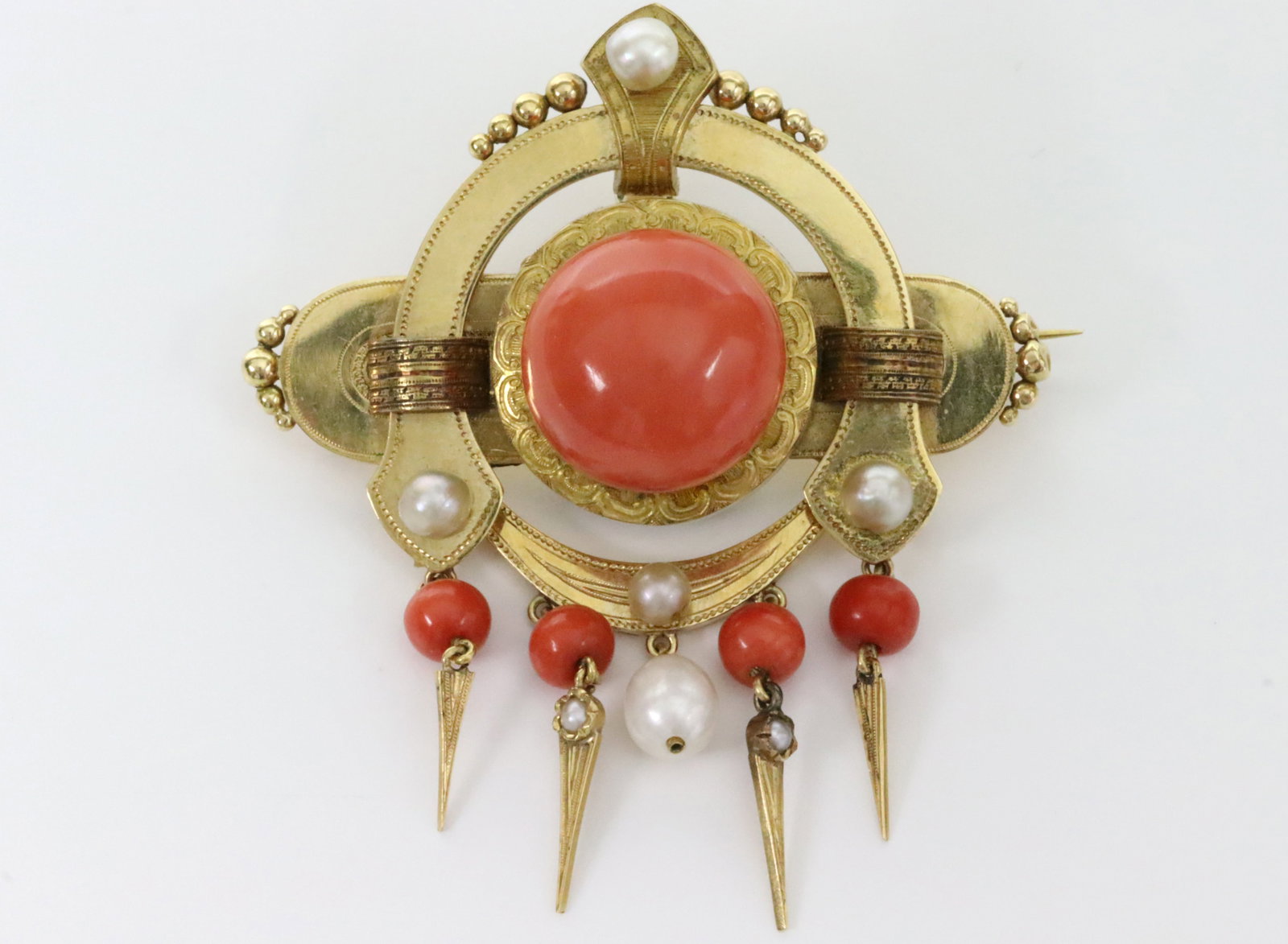 VICTORIAN 18K CORAL & PEARL DANGLE PENDANT BROOCH (1 of 2)