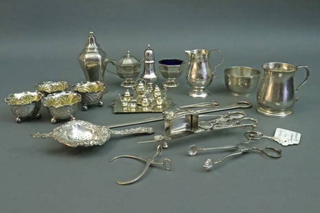 (31) BRITISH & AMERICAN STERLING TABLEWARES: many Georgian and Victorian, British items include a Georgian candle wick trimmer and snuffer, London, WB for Wilkes Booth or William Bennett, 1809, a pair of sugar nips, London, JG, a Georgian meat s