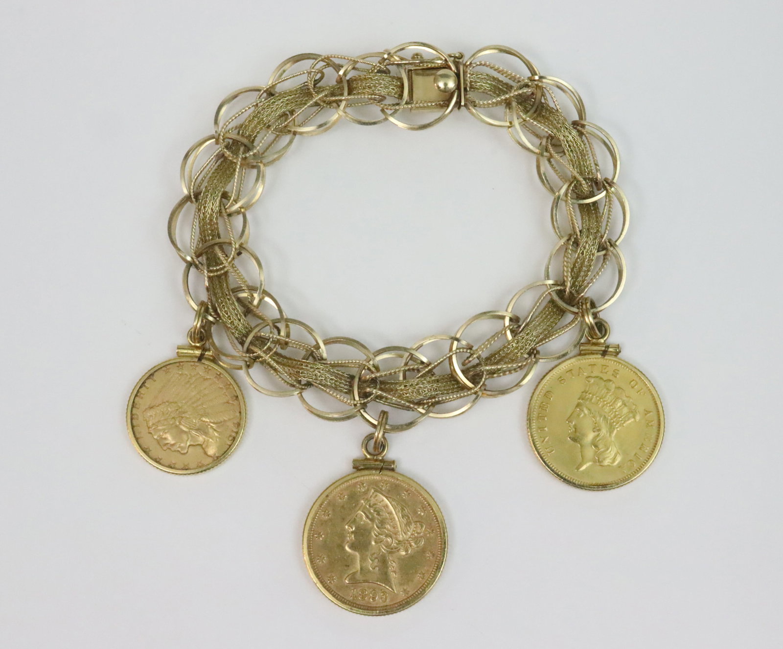 14K FANCY LINK BRACELET WITH 3 US GOLD COIN CHARMS (1 of 2)