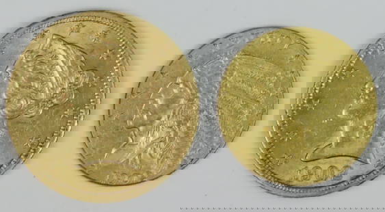 (2) US GOLD COINS: including a 1902-S $5 Coronet Head half eagle, .900, 8.36gms., ungraded, likely AU+, and a 1909 $2.50 Indian Head quarter eagle, .900, 4.19gms., ungraded, likely AU+, together with 2-14K charm coin ho