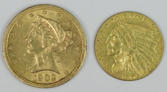 (2) US GOLD COINS: including a 1902-S $5 Coronet Head half eagle, .900, 8.36gms., ungraded, likely AU+, and a 1909 $2.50 Indian Head quarter eagle, .900, 4.19gms., ungraded, likely AU+, together with 2-14K charm coin ho