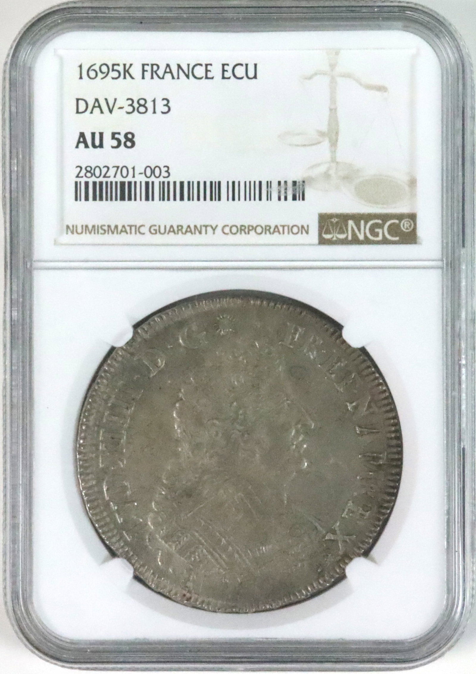 1695K NGC AU58 FRANCE ECU SILVER COIN OVERSTRUCK (1 of 2)