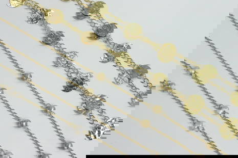 (3) 14K GOLD NECKCHAINS: including a 36" cable link with small hammered disc stations, a 16" parallel link with gold ball spacers, and a 15" double link with small baroque pearl spacers, all aptly stamped and tested, gross we