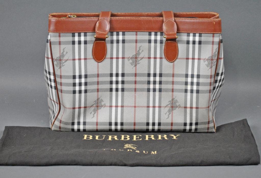 BURBERRY LEATHER PLAID LOGO SHOULDER BAG: with 'Burberry London' logo plate, dust bag, 11x15in.