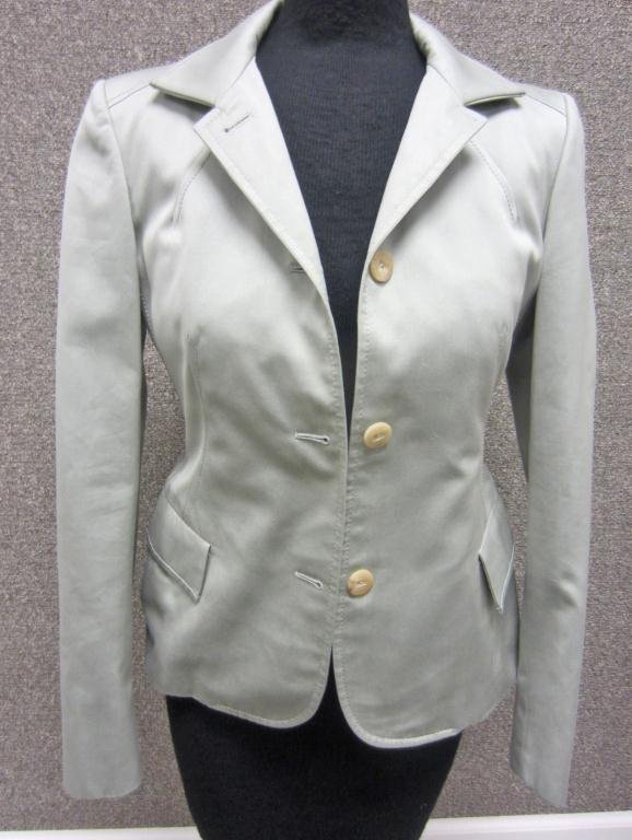BURBERRY SAGE GREEN LADIES PANT SUIT: pants marked sz. 12, jacket measures 16" shoulder-to-shoulder and 21" long, together with a cream colored button-front light jacket, sz. 10UK