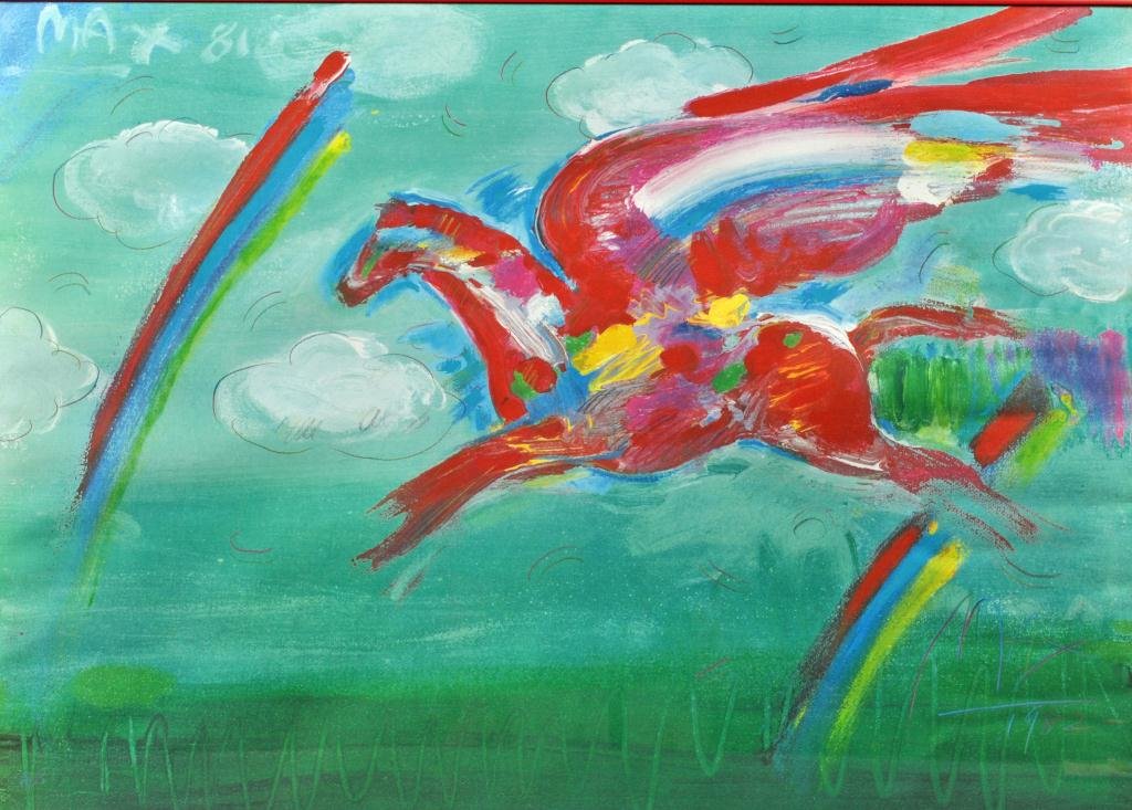 PETER MAX (American, b.1937): "Bluegrass Pegasus", offset lithographic poster with added graphics in colored pencil, including cloud outlines and wing & body details, other doodles and squiggles, signed and dated 1982 in colored p
