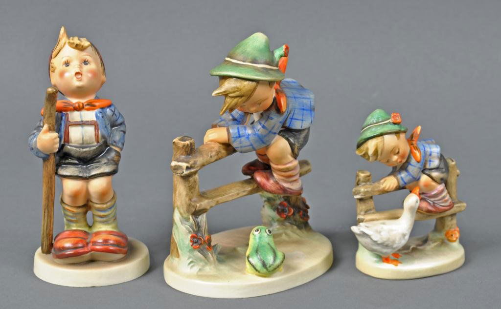 THREE FULL BEE HUMMELS: Retreat to Safety #201/1, Little Hiker #16/1, and Barnyard Hero #195 2/0, tallest 6in.