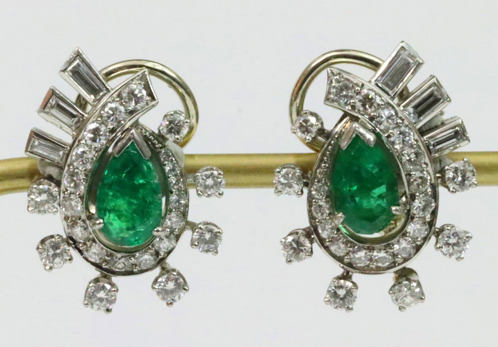 PAIR PLATINUM EMERALD & DIAMOND EAR CLIPS (1 of 3)