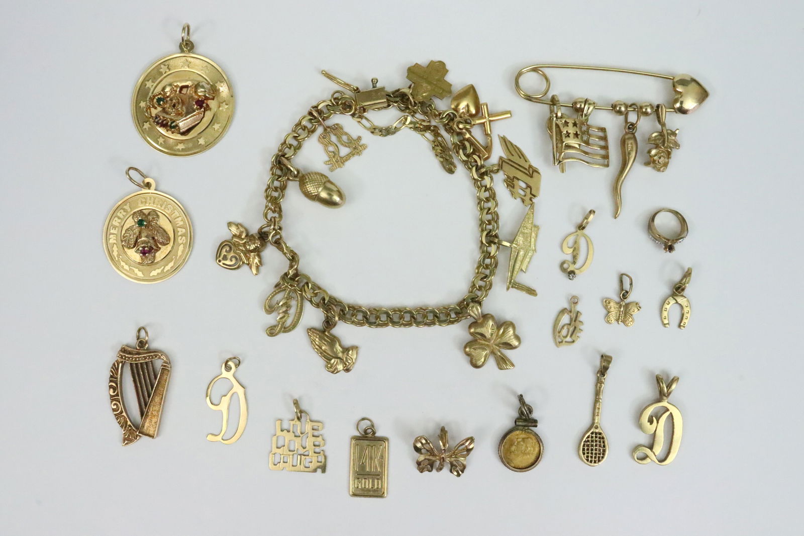 GOLD CHARM BRACELET & 28 CHARMS, MOST 14K (1 of 1)