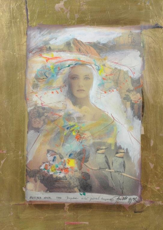 OMER BERBER (Bosnian, b.1948): mixed media and gold foil, possibly over lithograph, annotated across bottom "Berber Omer 1990 / Banjaluka / _____? pastel, tempera", signed, 27x20in.