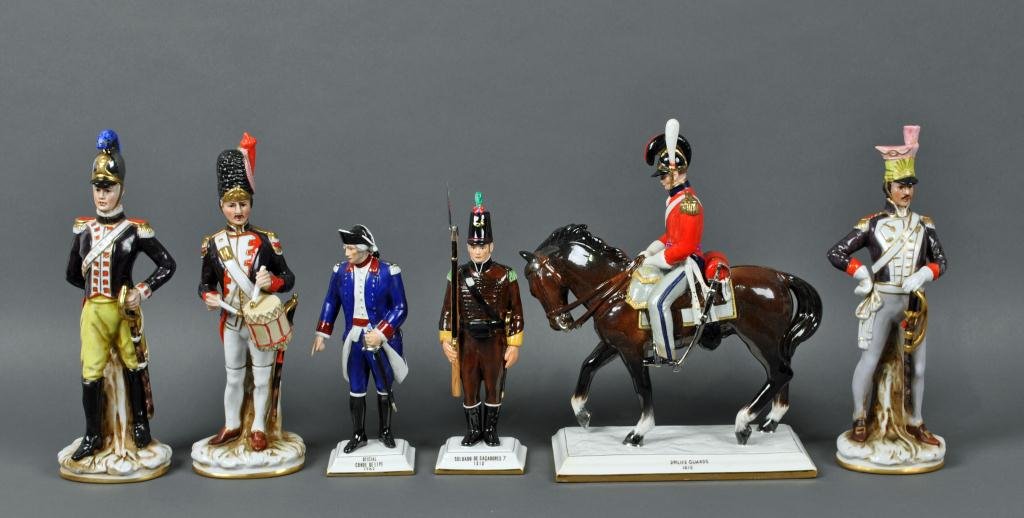 SIX HAND-PAINTED PORCELAIN MILITARY FIGURES: three 'Made in Portugal' figures including an equestrian marked Sacavem, and three Belgian figures with label of Galerie St. Jacques, Knokke, tallest 12in.
