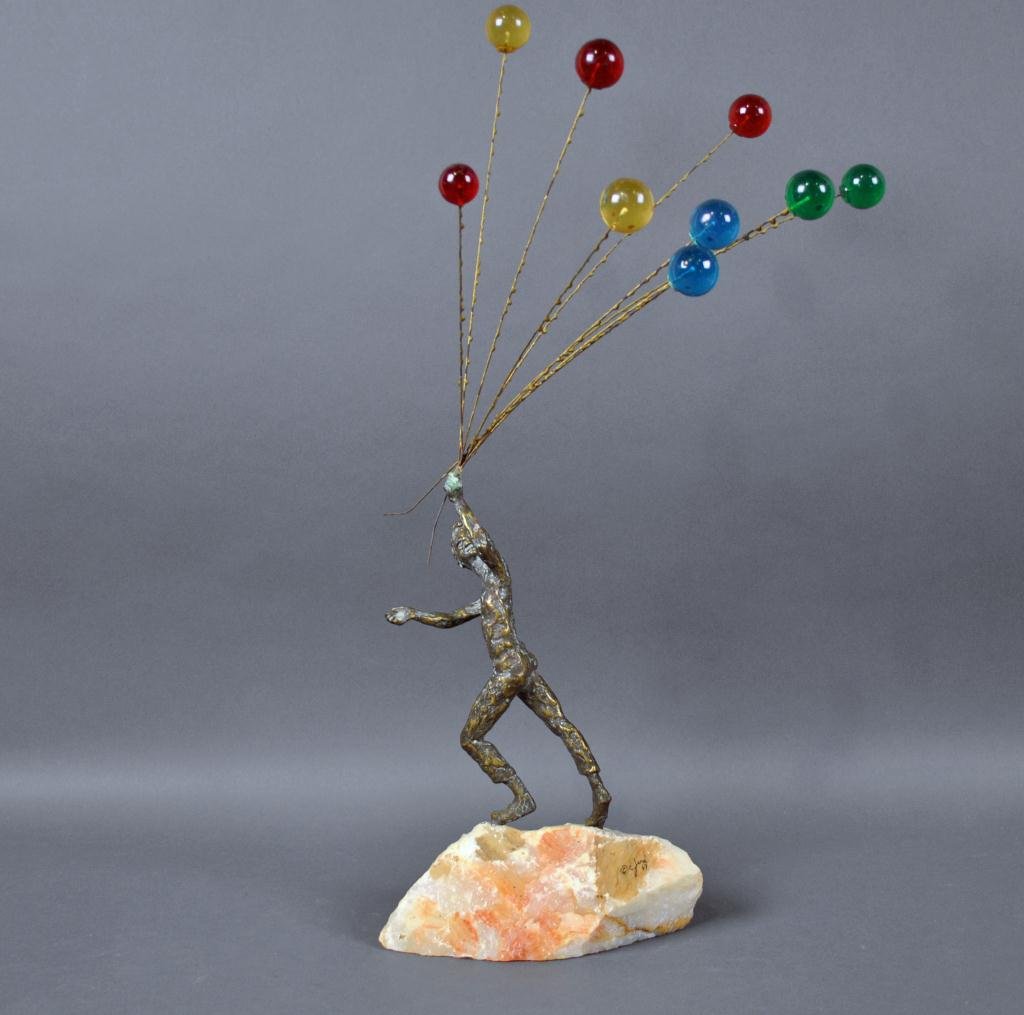 CURTIS JERE (California / China, 20thC.): "Balloon Boy", bronze and acrylic, 1969, on naturalistic rock-form base, signed and dated '69, overall 24in.