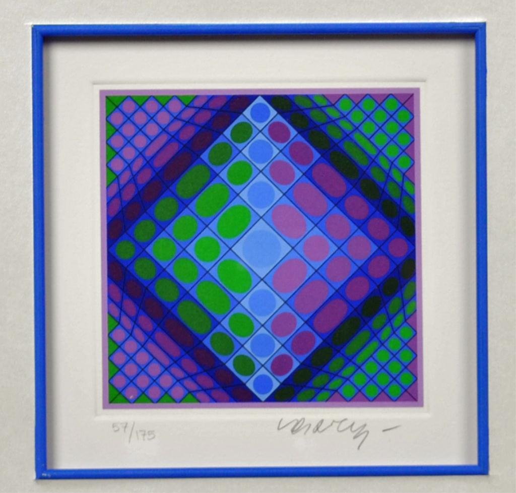 VICTOR VASARELY SERIGRAPH - REMEK (MARVEL): 1989, pencil signed and numbered 57/175, custom matted and framed, 4.5x4.5in.