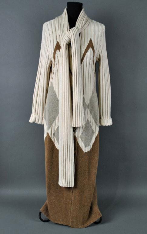 SALVATORE FERRAGAMO SWEATER COAT: with built-in scarf, full-length, size Large