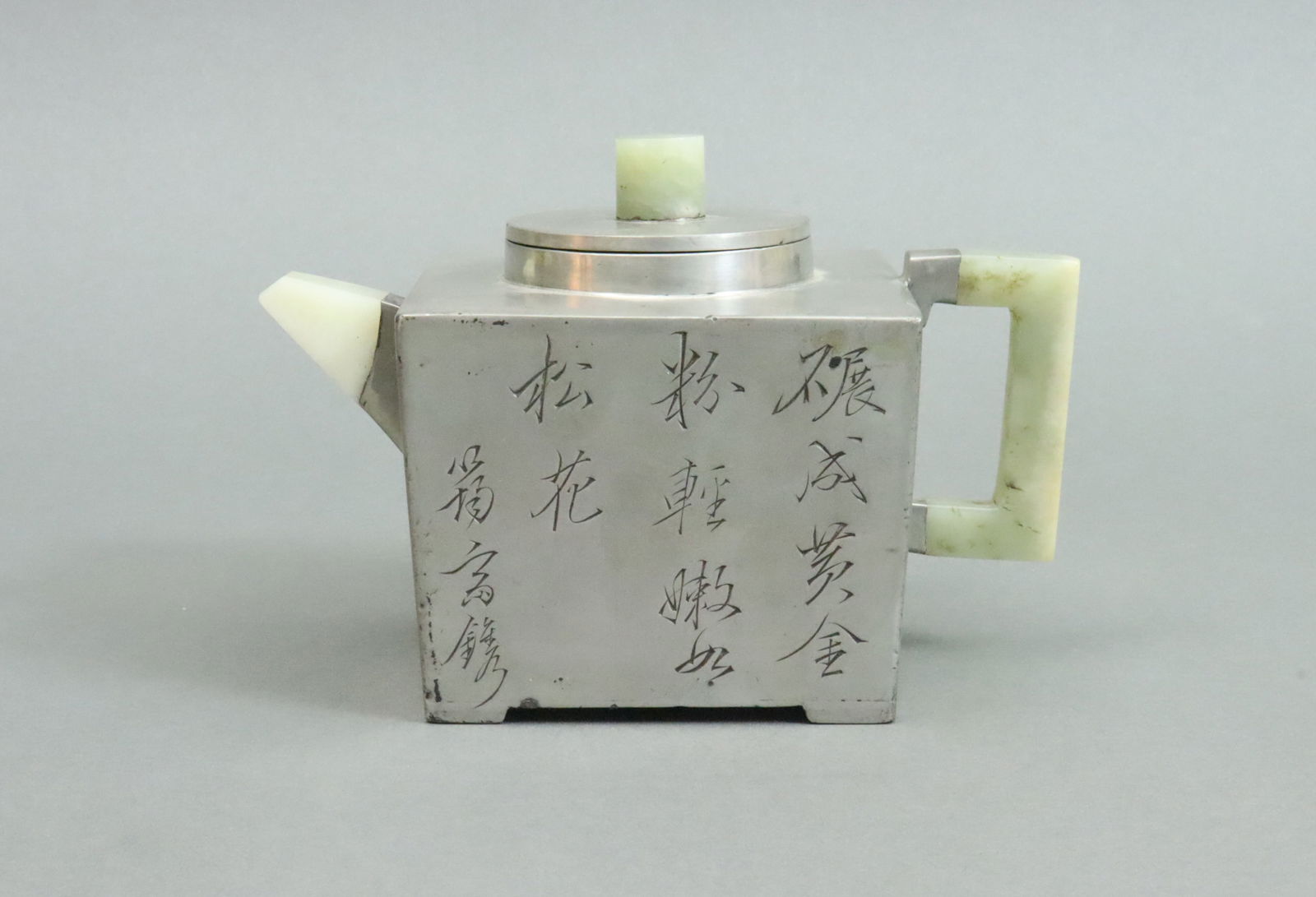 CHINESE PEWTER & JADE TEAPOT (1 of 6)