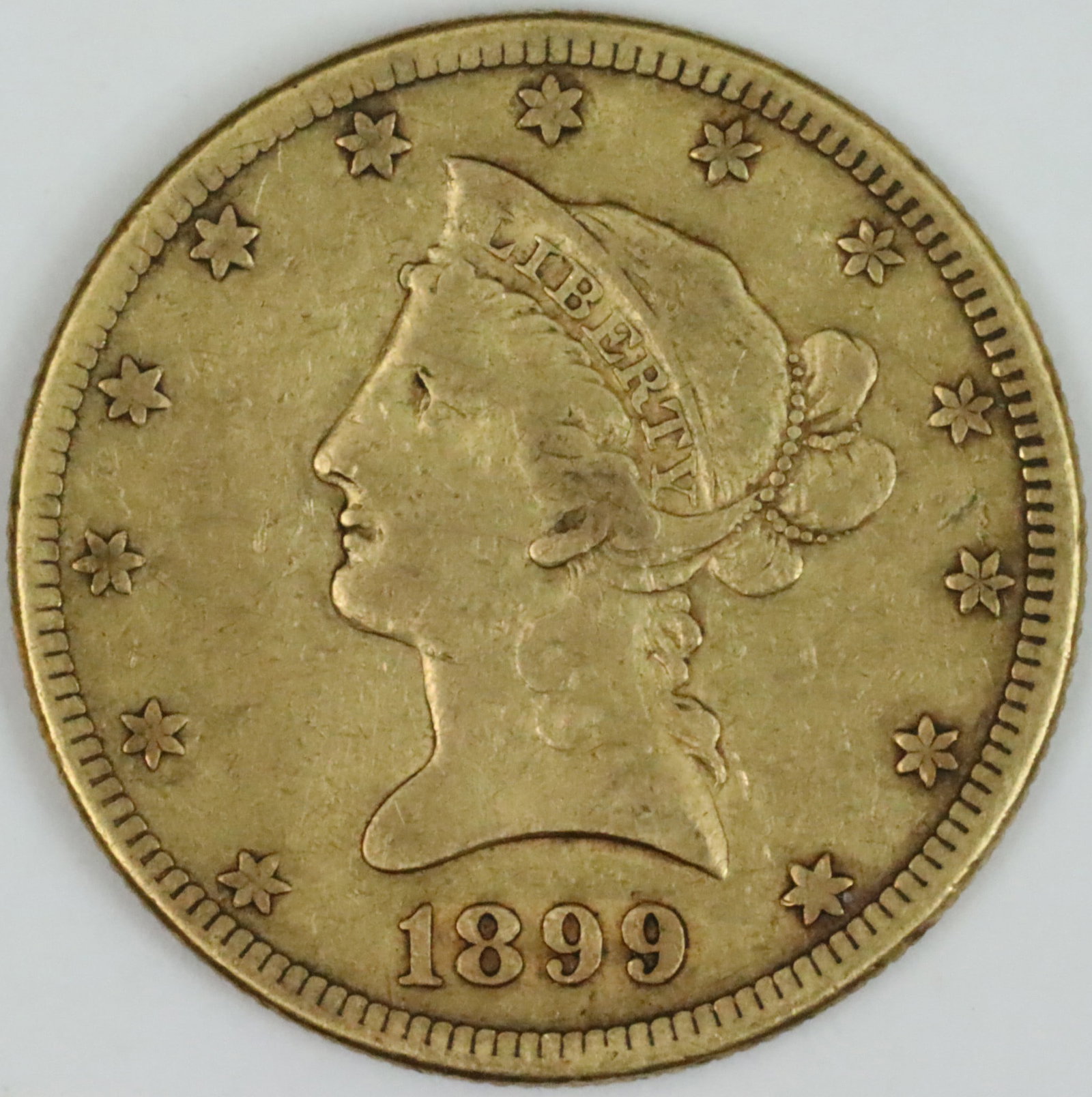 1899-S $10 LIBERTY HEAD GOLD COIN: coin is 0.900 purity, 16.71gms., ungraded, likely XF-40, (see images), Opening Bid $600
