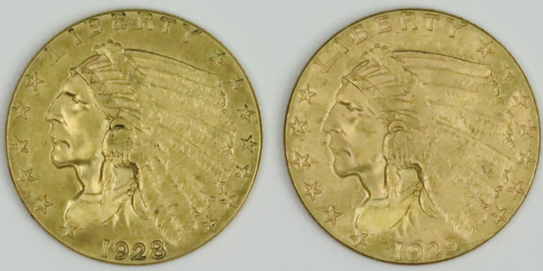 (2) US $2.50 INDIAN HEAD GOLD COINS - 1928 & 1929 (1 of 2)