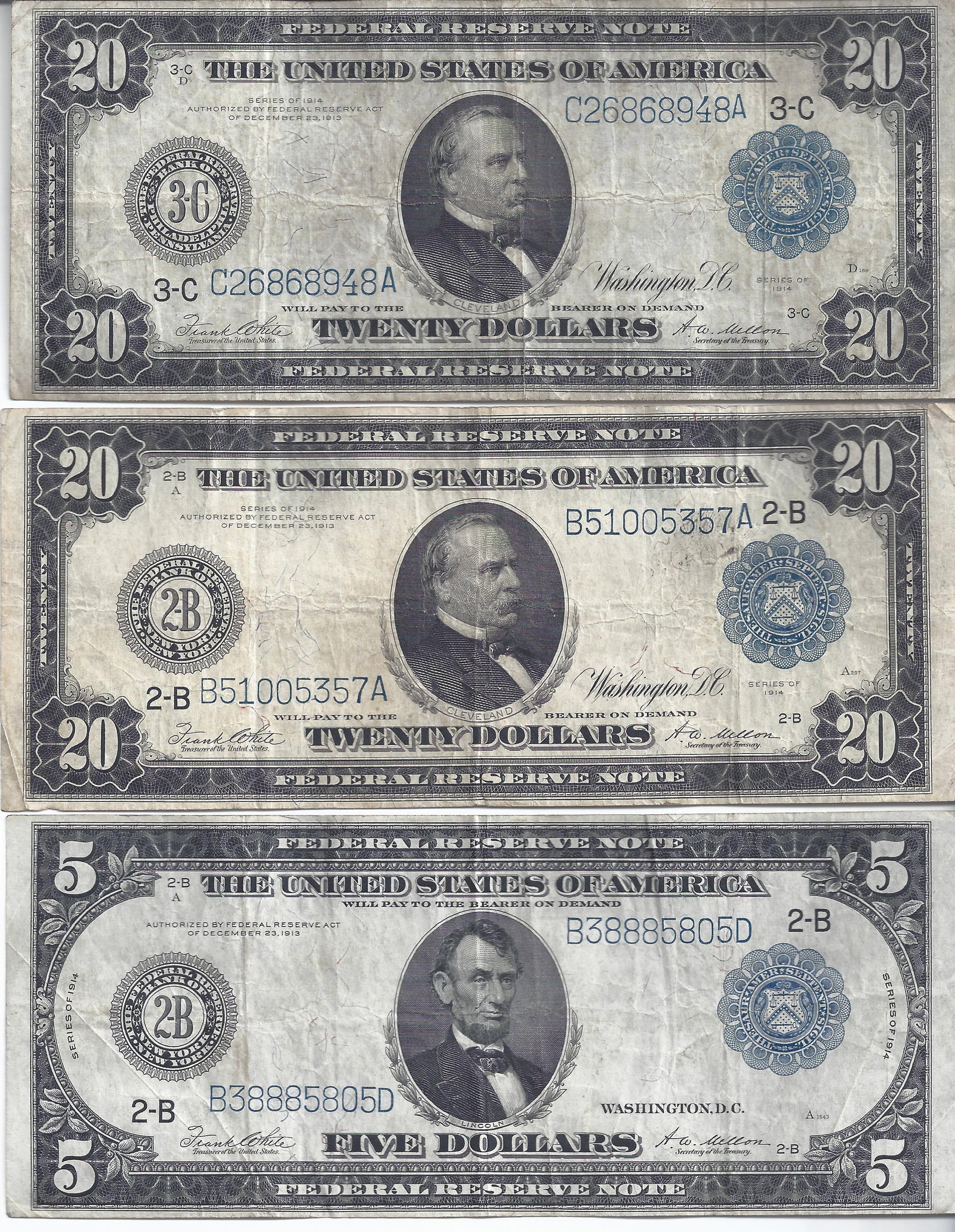 (3) 1914 SERIES LARGE-FORM US NOTES: includes (2) $20, and a $10., all in similar condition with old folds, soiling, no tears, decent margins and corners with some old dog ear folds (see images)