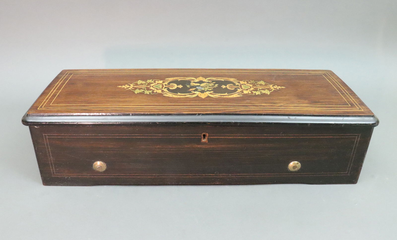 NICOLE FRERES SWISS CYLINDER MUSIC BOX: 8 tunes, 13in. cylinder, #44535, rosewood case, multi-color floral and instrument inlaid lid, comb with all teeth, movement and comb stamped Nicole Freres, minor finish nicks and losses to cover inlay