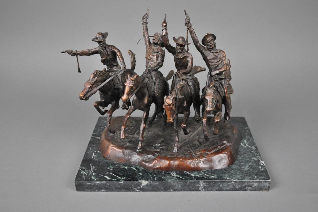 AFTER FREDERIC REMINGTON - COMING THROUGH THE RYE: bronze sculpture, incised signature, on mottled green marble base, 11x15x11in.