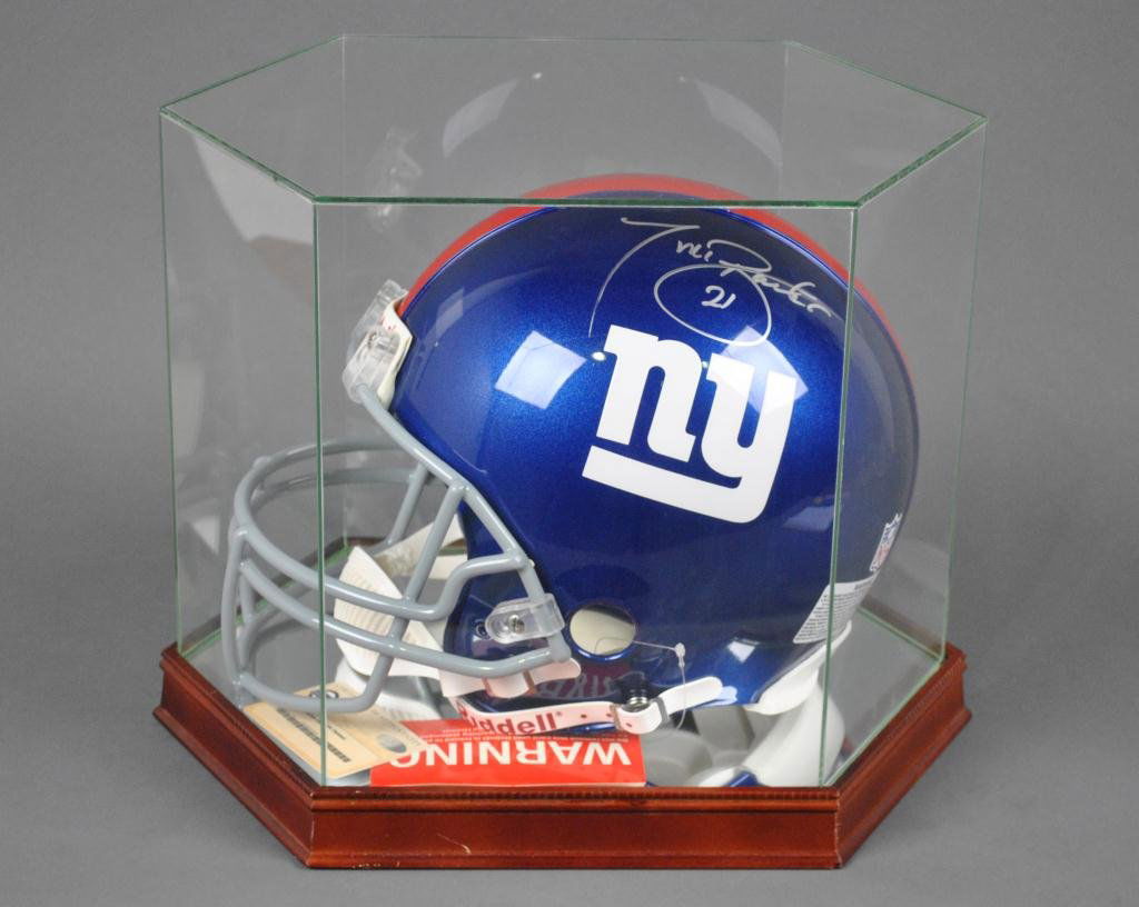 TIKI BARBER AUTOGRAPHED NEW YORK GIANTS HELMET: three-time NFL Pro Bowl and All-Pro running back for the NY Giants, authentic full-size Riddell helmet, signed in silver marker with #21, Steiner COA card included, with wood and glass mirrored case