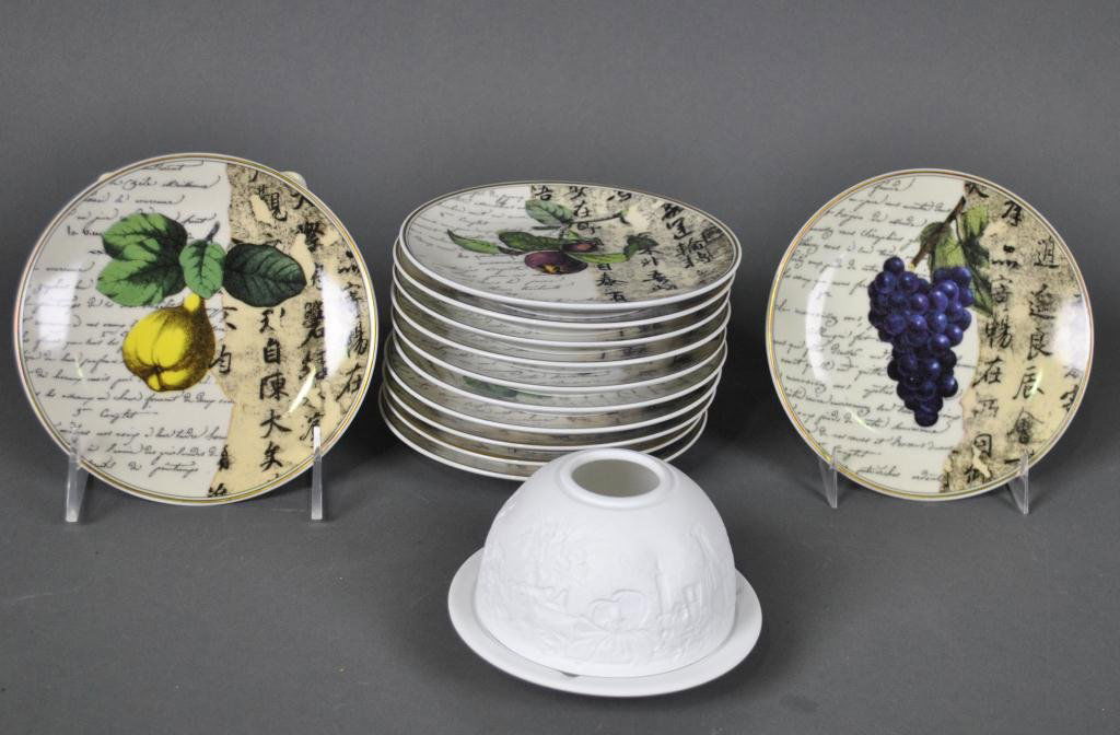SET OF 12 BERNARDAUD LIMOGES FRUIT PLATES: Poesie pattern in six assorted fruit motifs, 5.5in., together with a Limoges Bernardaud lithophane votive light