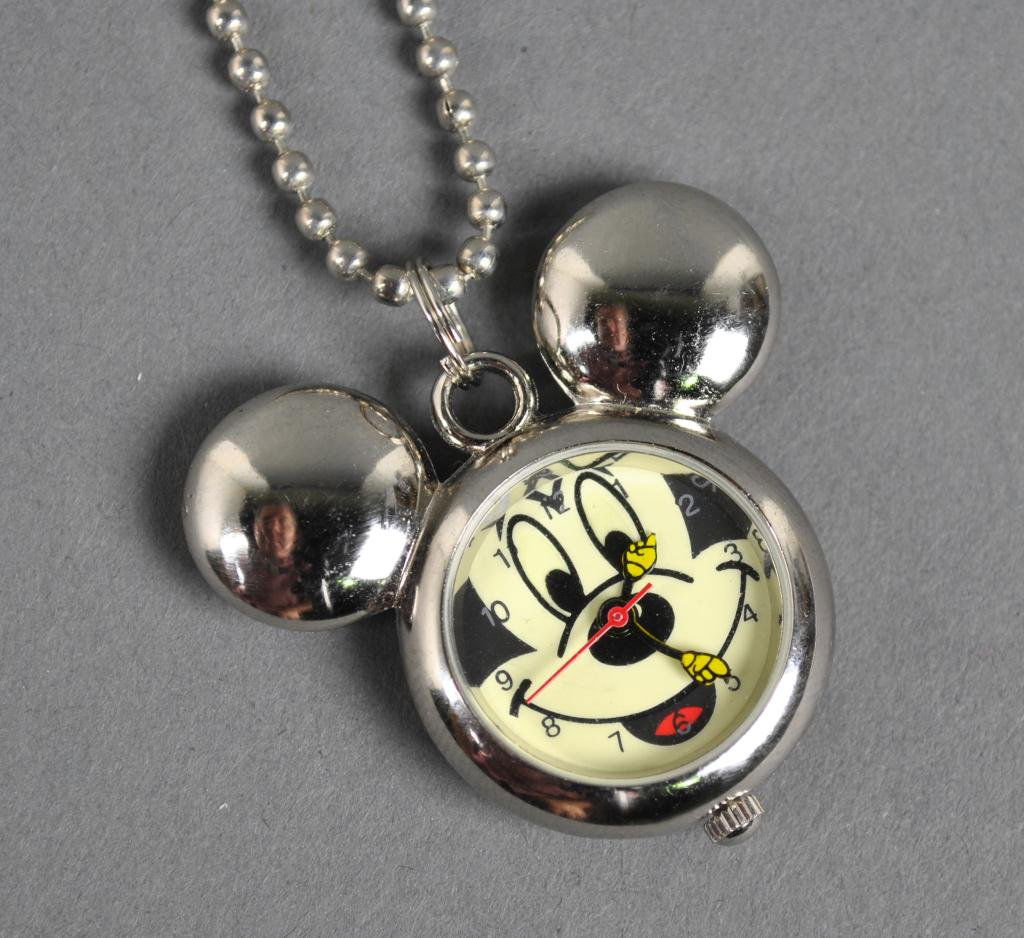 MICKEY MOUSE STAINLESS PENDANT WATCH: on 26" silvertone chain, watch marked Disney (likely requires battery replacement)