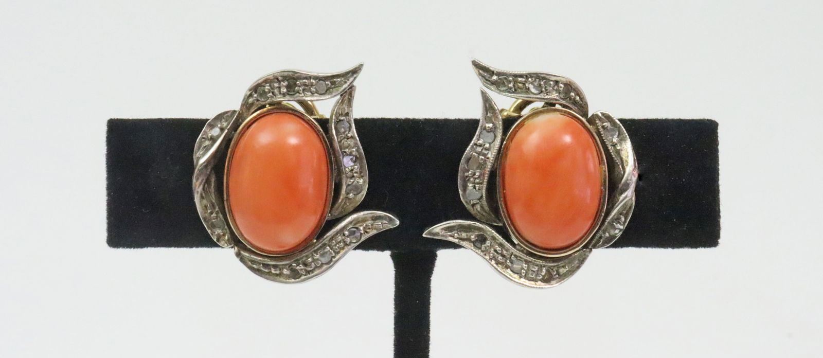 VINTAGE SILVER-TOP GOLD CORAL & DIAMOND EAR CLIPS (1 of 2)