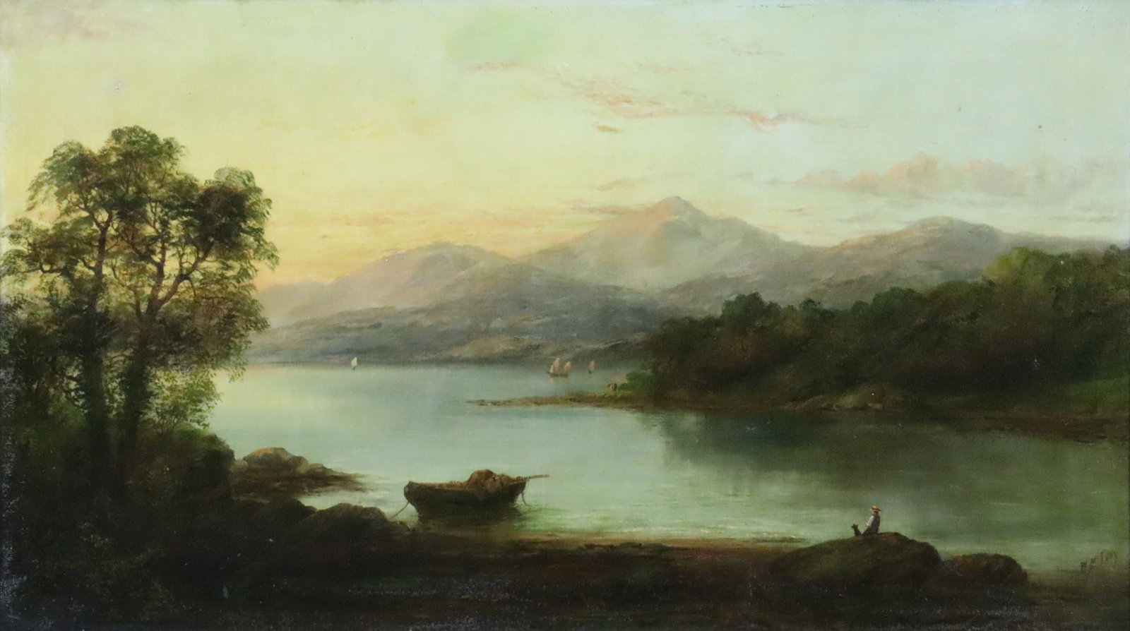 WILLIAM MCEVOY (Ireland, 1858-1891): lakescape with mountains, figures and boats, oil on canvas, signed 'W. McEvoy' (lower right), UV light reveals approx. 5% inpainting including a 6x2in. area at top left, a 4x2in. area in central sky, 