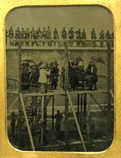 AFTER THE EXECUTION OF THE LINCOLN CONSPIRATORS: Quarter plate ambrotype, a period copy after Alexander Gardner’s photograph of the execution of the Lincoln conspirators, the image depicting the condemned conspirators on the platform having th