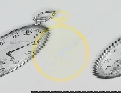 AUDEMARS PIGUET DECO 18K OPEN FACE POCKET WATCH: c.1923, 40mm case, undecorated back, dial marked 'Audemars Piguet & Co. Brassus & Geneve' with deco style Arabic numerals, seconds sub dial, back cover interior stamped '18K 29859', with Helvetia punc