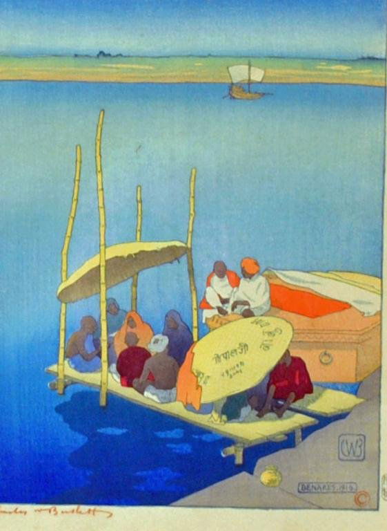 CHARLES WILLIAM BARTLETT (British, 1860-1940): "Benares, 1916", color woodblock print, signed in bottom left margin, also monogrammed and titled in plate, 13x9.5in.